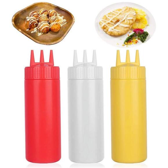 3pcs Seasoning 3-Hole Squirt Squeeze Bottles, 24 oz Red/Yellow/White 9"H x 2.5"D - Picture 2 of 5